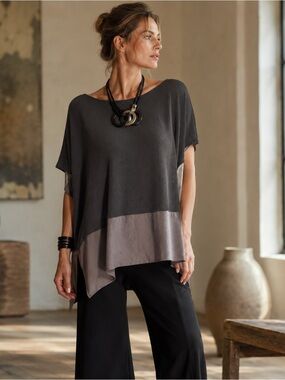 Alembika Layered Rib Knit Tunic Top – Charcoal & Taupe - Size Small